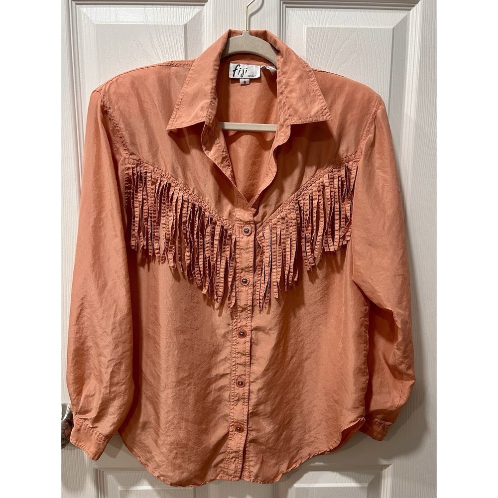 Fiji Sport Vtg 1980s 100% Silk Fringe Western Cowgirl Button Up Top Small Rodeo